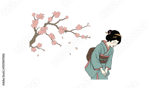 Japanese **Hospitality Welcome** Concept - **Kimono Woman Bowing** and **Sakura** Branch Vector
