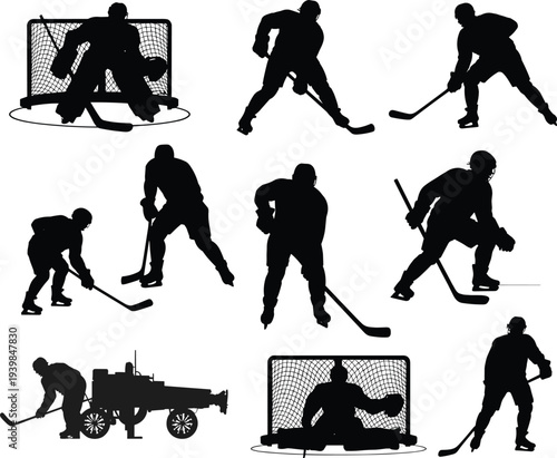 Silhouette of ice hockey players in different action poses vector illustration, sports training concept, skating, goalkeeping, teamwork, competition, and athletic performance design