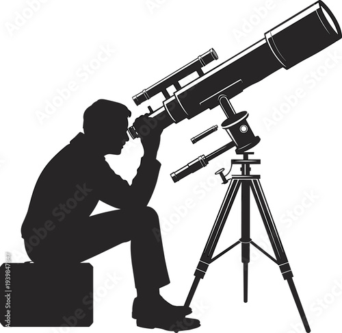 Silhouette of man observing night sky through large telescope on tripod, astronomy exploration concept, stargazing hobby illustration, scientific discovery vector art