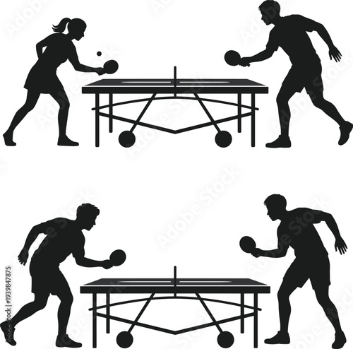 Silhouette of men and women playing table tennis with paddles, competitive ping pong match vector illustration for sports, fitness, and recreation design