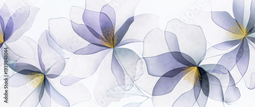 Art backdrop featuring transparent purple flowers with golden watercolor accents. Botanical floral banner for decor, prints, posters, textiles, wallpaper, and interiors.