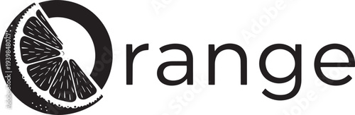 Orange fruit slice forming letter O with clean typography range text, minimal citrus logo style vector icon isolated design representing fresh fruit branding concept of food identity and natural fresh