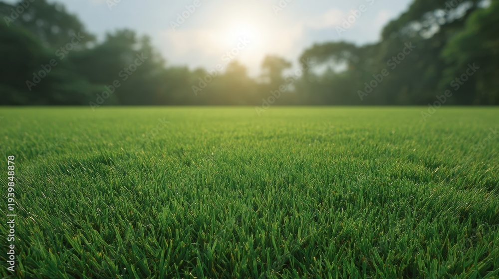 Obraz premium Lush Green Grass Field at Sunrise with Soft Light and Warm Colors in a Tranquil Outdoor Environment