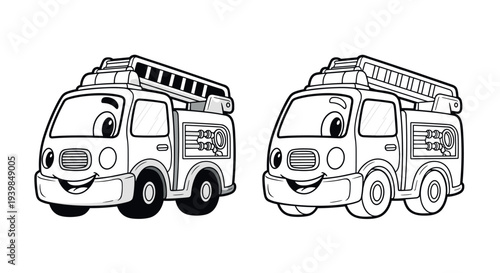 Cute Cartoon Fire Truck Coloring Page for Kids with Smiling Fire Engine Character and Rescue Vehicle Outline Illustration for Children Activity Book