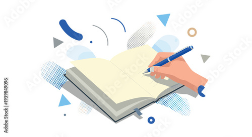 Hand Writing in Open Book with Pen for Study Notes, Education Learning Process, Academic Writing, and Knowledge Development Illustration