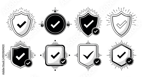 Security Shield Check Mark Icon Set for Protection, Verification, Cyber Security Approval, and Trusted Data Privacy Symbols for Websites and Applications