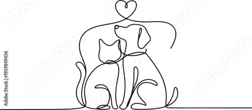 Cat and dog friends Love heart. Continuous one line drawing.one line vector icon illustration