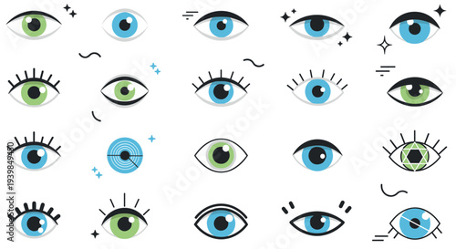 Eye Icon Set with Different Human Eye Shapes, Eyelashes, and Vision Symbols for Observation, Visibility, Healthcare, and User Interface Design