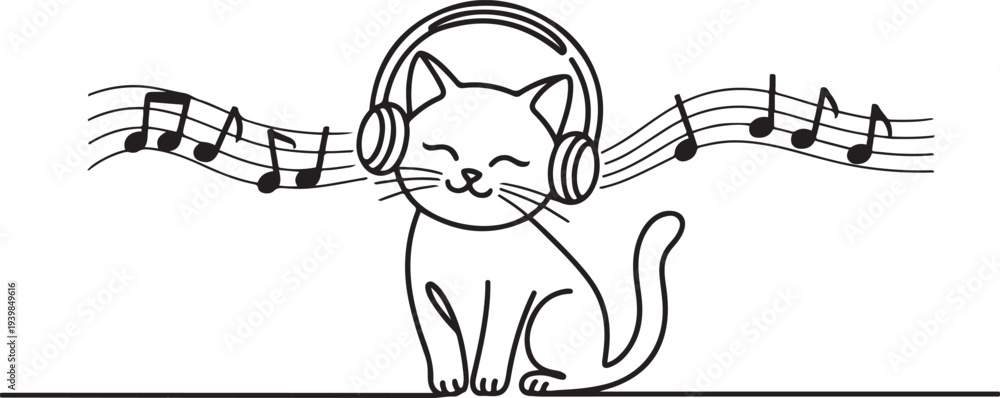 Fototapeta premium Vector cute cat in headphones listens to music. Melomaniac cat.one line vector icon illustration