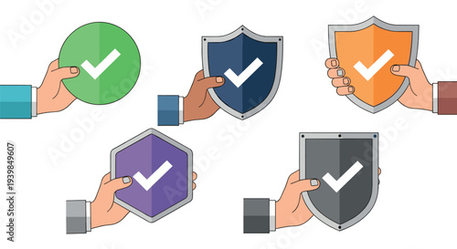Hands Holding Security Shield and Check Mark Icons for Protection, Approval, Data Safety, Cyber Security Verification, and Trusted Digital Access Control