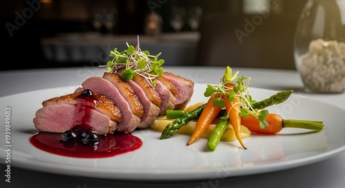 A beautifully presented plate of sliced duck breast with a side of steamed vegetables and berry sauce