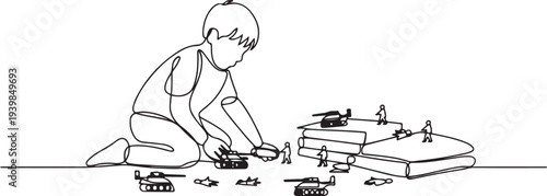 The boy is playing war games with soldiers. World War Toy Destruction Day.one line vector icon illustration