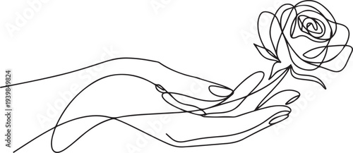 rose flower Continuous line drawing of a hand holding. Beautiful rose flower.one line vector icon illustration