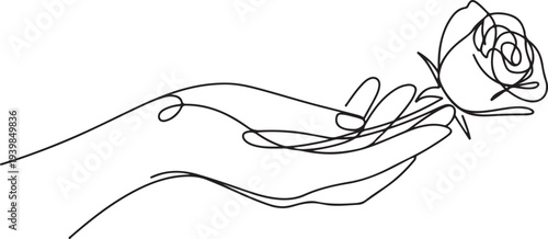 rose flower Continuous line drawing of a hand holding. Beautiful rose flower.one line vector icon illustration