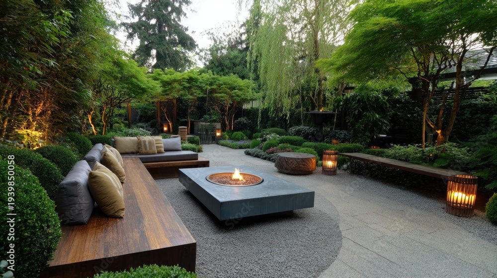 Fototapeta premium Serene Outdoor Garden Space with Modern Seating and Fire Pit Surrounded by Lush Greenery and Ambient Lighting