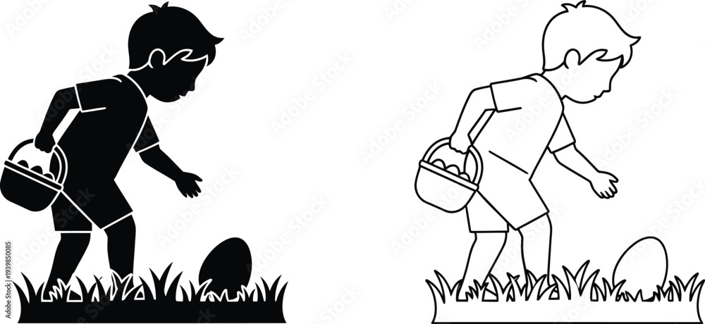 Fototapeta premium Easter egg hunt kids silhouettes isolated on transparent background, Vector