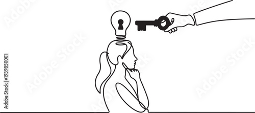 Drawing of businesswoman thinking with idea as a keyhole with helping hand holding the success key. Metaphor for find new ideas and free from mental block.one line vector icon illustration