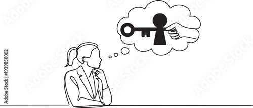 Drawing of businesswoman thinking with idea as a keyhole with helping hand holding the success key. Metaphor for find new ideas and free from mental block.one line vector icon illustration