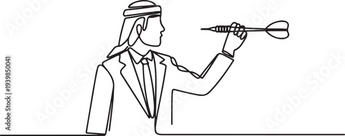 arab business man in a business suit with a dart in his hand. Concept for achieving goal.one line vector icon illustration