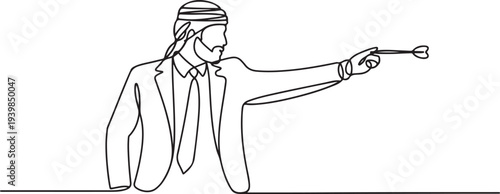 arab business man in a business suit with a dart in his hand. Concept for achieving goal.one line vector icon illustration