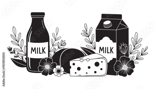 Milk products vector illustration set. organic dairy farm food with plants and flowers decoration
