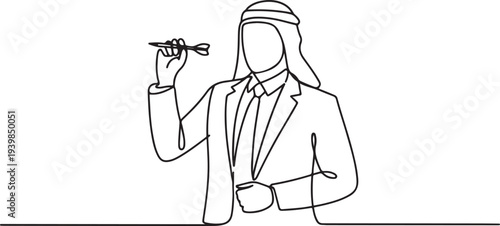 arab business man in a business suit with a dart in his hand. Concept for achieving goal.one line vector icon illustration