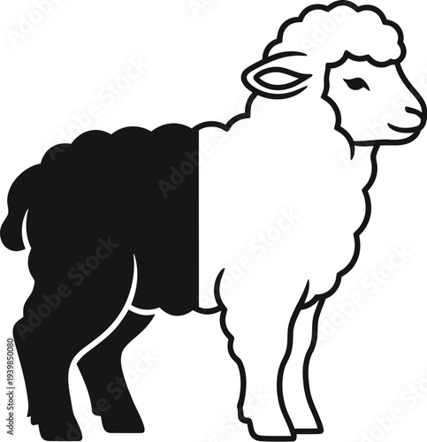 Black and white sheep split personality concept isolated on transparent background, Vector