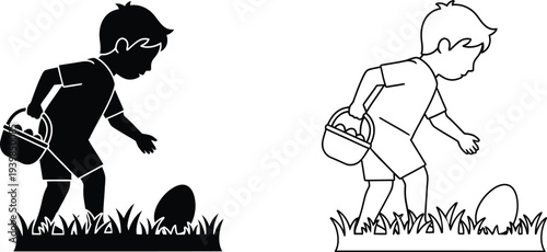 Easter egg hunt kids silhouettes isolated on transparent background, Vector