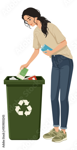 Woman throw paper into recycle bin