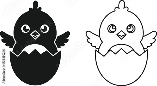 Cute hatching chicks black white line art isolated on transparent background, Vector