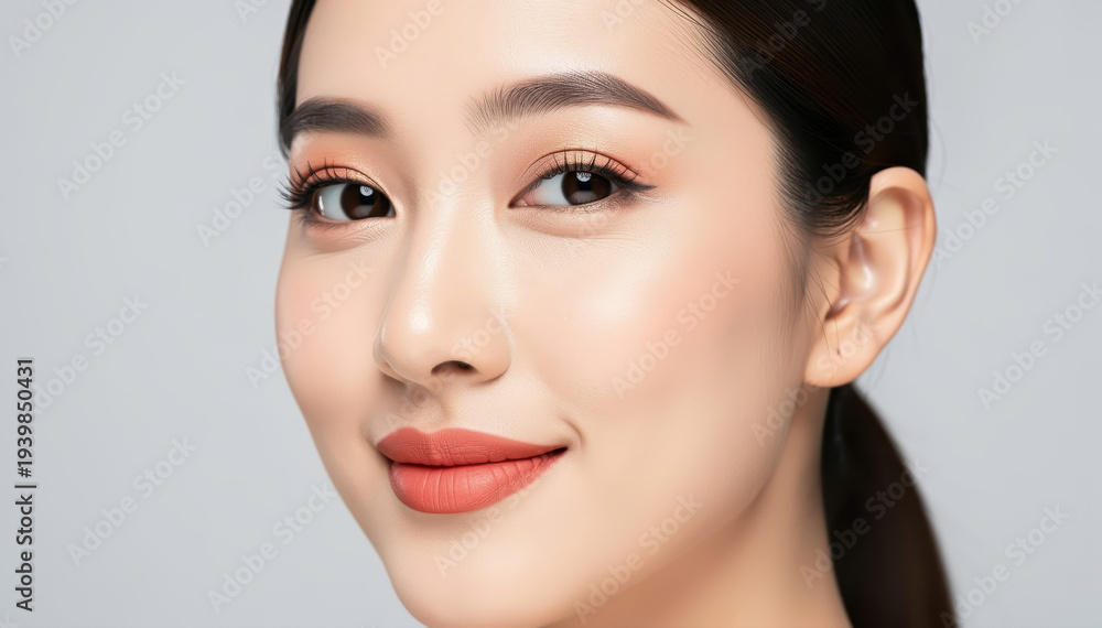 Fototapeta premium Radiant Beauty: A close-up shot of a model showcases her flawless skin, expertly applied makeup, and a warm, genuine smile.