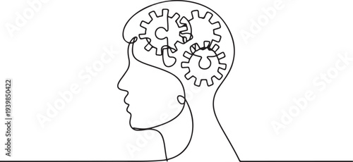 A man and gears made from puzzles. Symbol of logical thinking.one line vector icon illustration