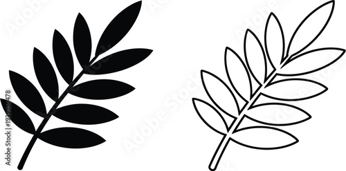 Black and white leaf branches isolated on transparent background, Vector