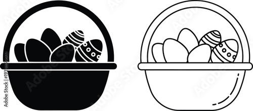 Easter eggs in baskets black and white clip art isolated on transparent background, Vector