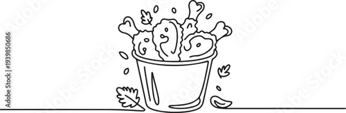 A bucket of fried chicken drumsticks and wings with herbs. Portion of delicious food.one line vector icon illustration