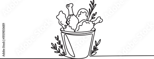 A bucket of fried chicken drumsticks and wings with herbs. Portion of delicious food.one line vector icon illustration