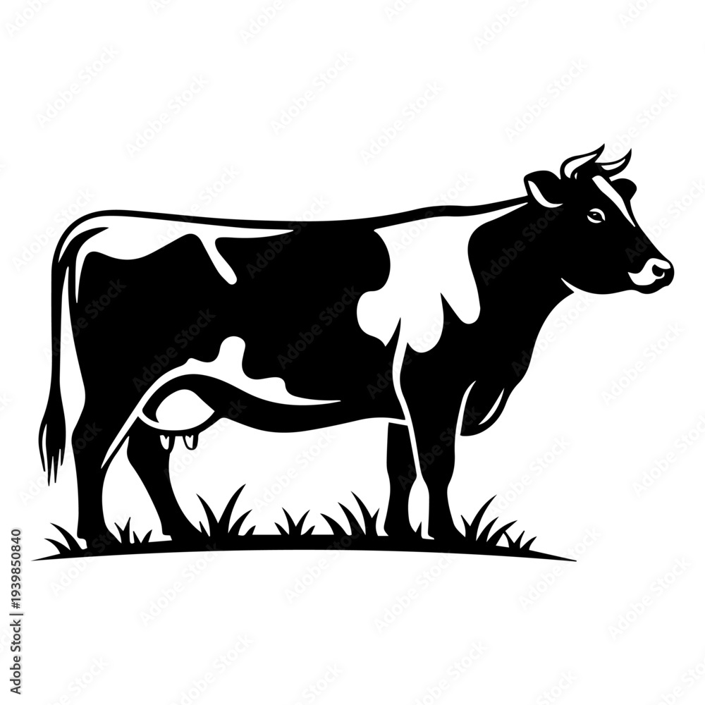Fototapeta premium Cow in the Meadow Silhouette: A striking black and white silhouette of a cow stands proudly in a field of grass. A minimalist illustration with a focus on simplicity. 