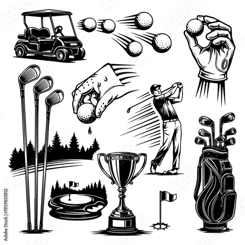 Golfing Essentials: A collection of golf-related illustrations including golf balls in motion, a golf cart, a golfer in action, golf clubs, a trophy, and a golf course, all in elegant monochrome.