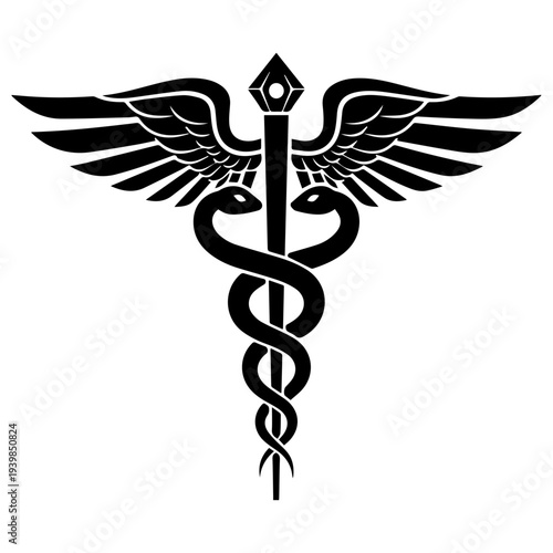 Symbol of Healing: A meticulously crafted representation of the Caduceus, a revered emblem of healthcare and medicine, stands poised against a clean backdrop.  