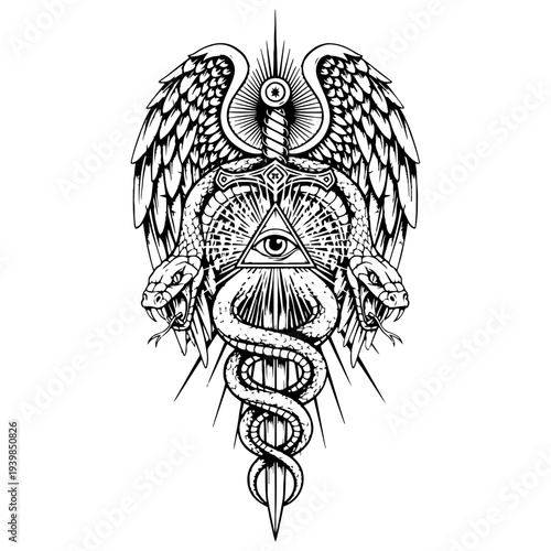 Esoteric Symbol: A captivating artwork showcasing a detailed, intricate illustration of a mystical symbol with a central eye, serpent, wings, and sword, exuding mystery and spiritual depth.