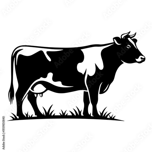 Cow in the Meadow Silhouette: A striking black and white silhouette of a cow stands proudly in a field of grass. A minimalist illustration with a focus on simplicity. 