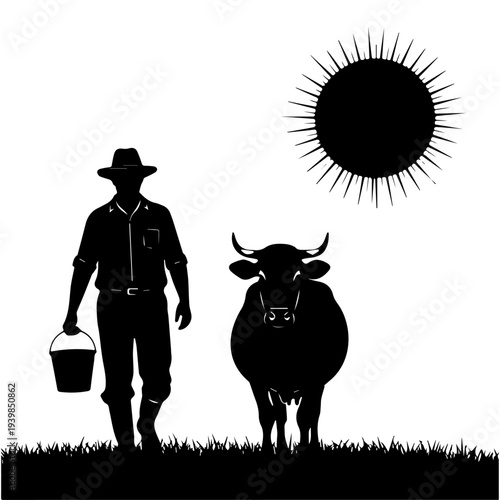 Farmer's Daily Life Silhouette: A farmer strides confidently alongside his bovine companion under the warmth of the sun, bucket in hand, ready for the tasks of the day.