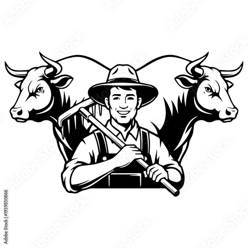 Farmer with Bulls: A strong farmer, tool in hand, stands confidently against the backdrop of powerful bulls.
