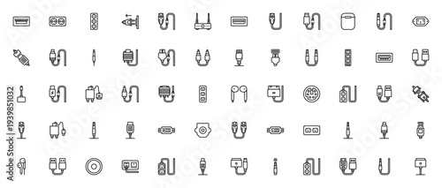 Connectors & Cables icon set. Vector illustration pack featuring USB, HDMI, Ethernet, Plug, Socket, Jack, Charger, Audio, DVI, Magsafe, Router, Port and Broken Cable.