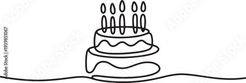 Continuous one line drawing of birthday cake with candles.one line vector icon