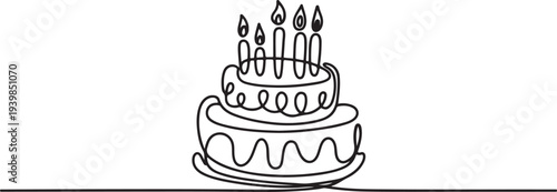Continuous one line drawing of birthday cake with candles.one line vector icon