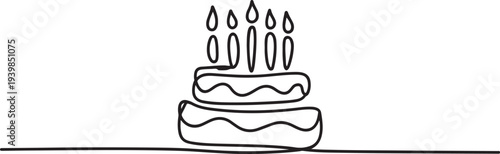 Continuous one line drawing of birthday cake with candles.one line vector icon