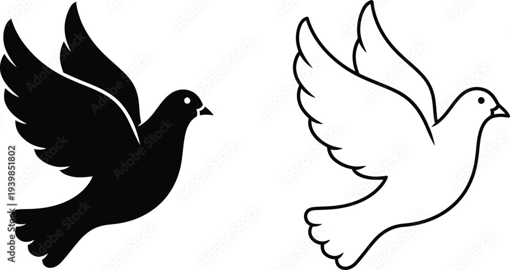 Obraz premium Black and white doves in flight symbolism peace isolated on transparent background, Vector