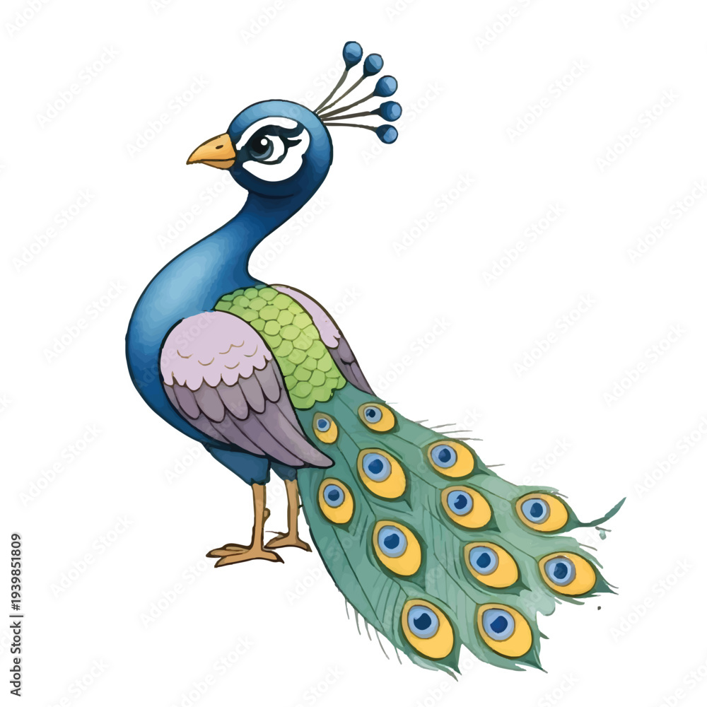 Obraz premium Colorful blue peacock with bright feathers spread in a beautiful tail standing against a white background