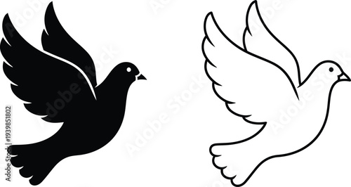 Black and white doves in flight symbolism peace isolated on transparent background, Vector